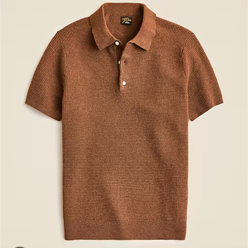 J Crew Short-sleeve cashmere waffle sweater-polo CG321 Size XL Brown $198 Retail
